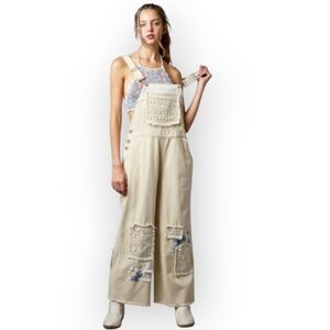 Womens Cream Patchwork Distressed Overalls